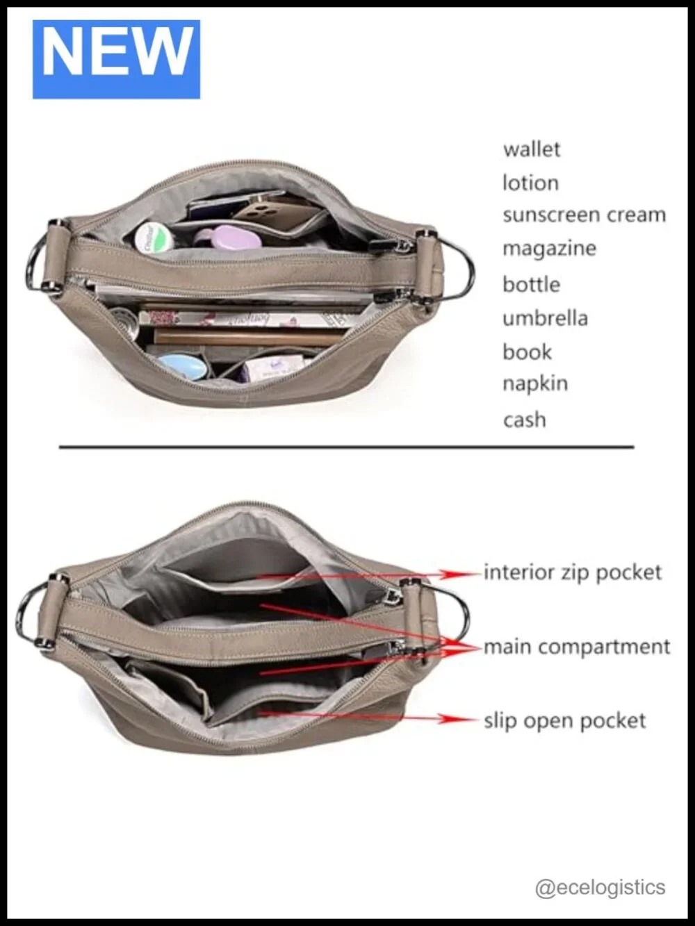 Genuine Leather Slouchy Hobo Handbag Shoulder Bag Purse with Strap